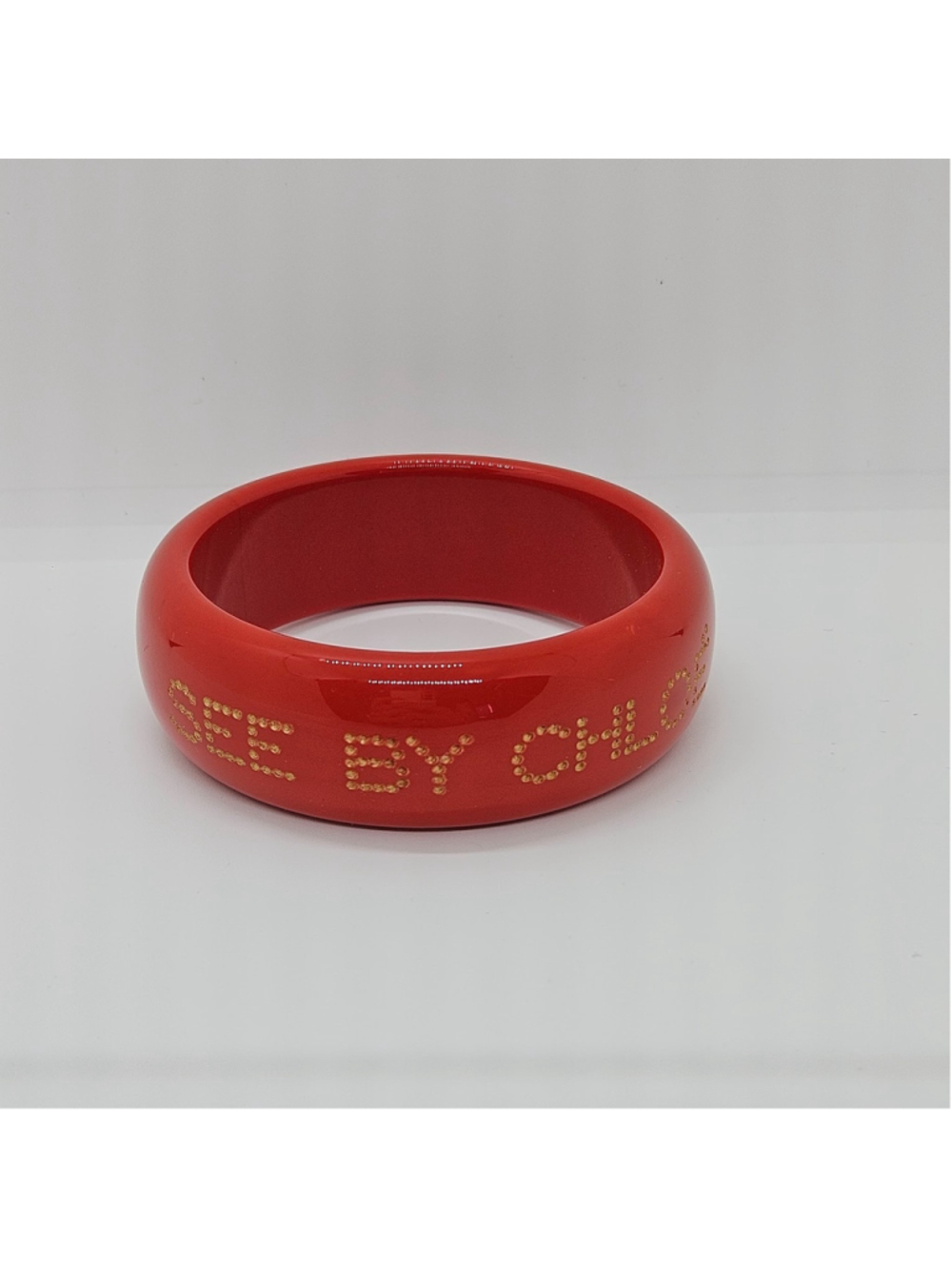 See by Chloé Chloe Bangle Bracelet Coral Red Gold Engraved Logo Wide Cuff